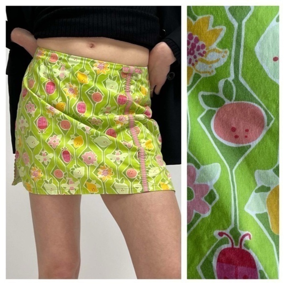 Lilly Pulitzer Vintage Green Pink Bug Fruits Floral Print Skirt Skort 4